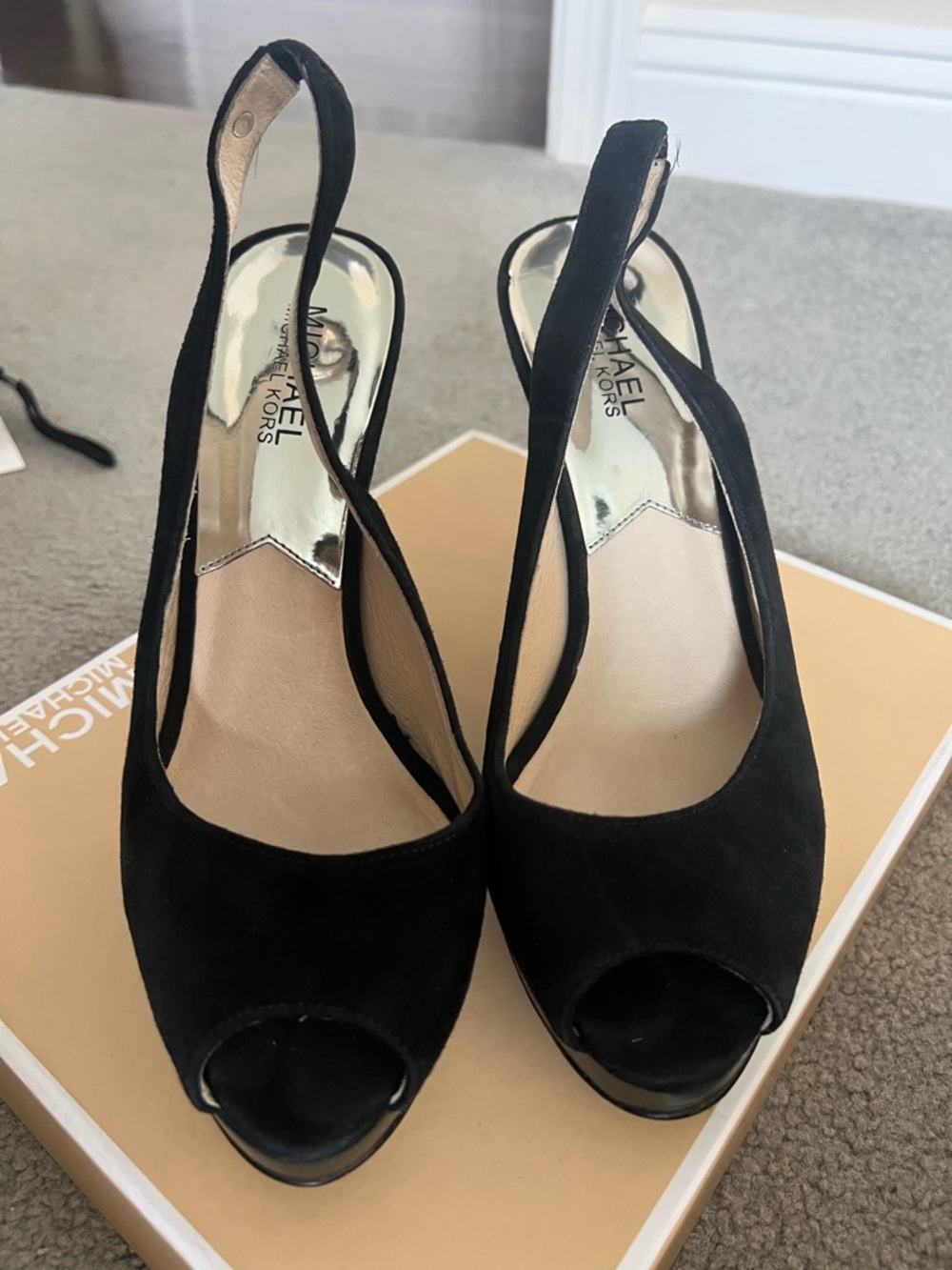 Michael Kors Black Suede Peep-Toe Slingback Heels - Picture 2 of 6